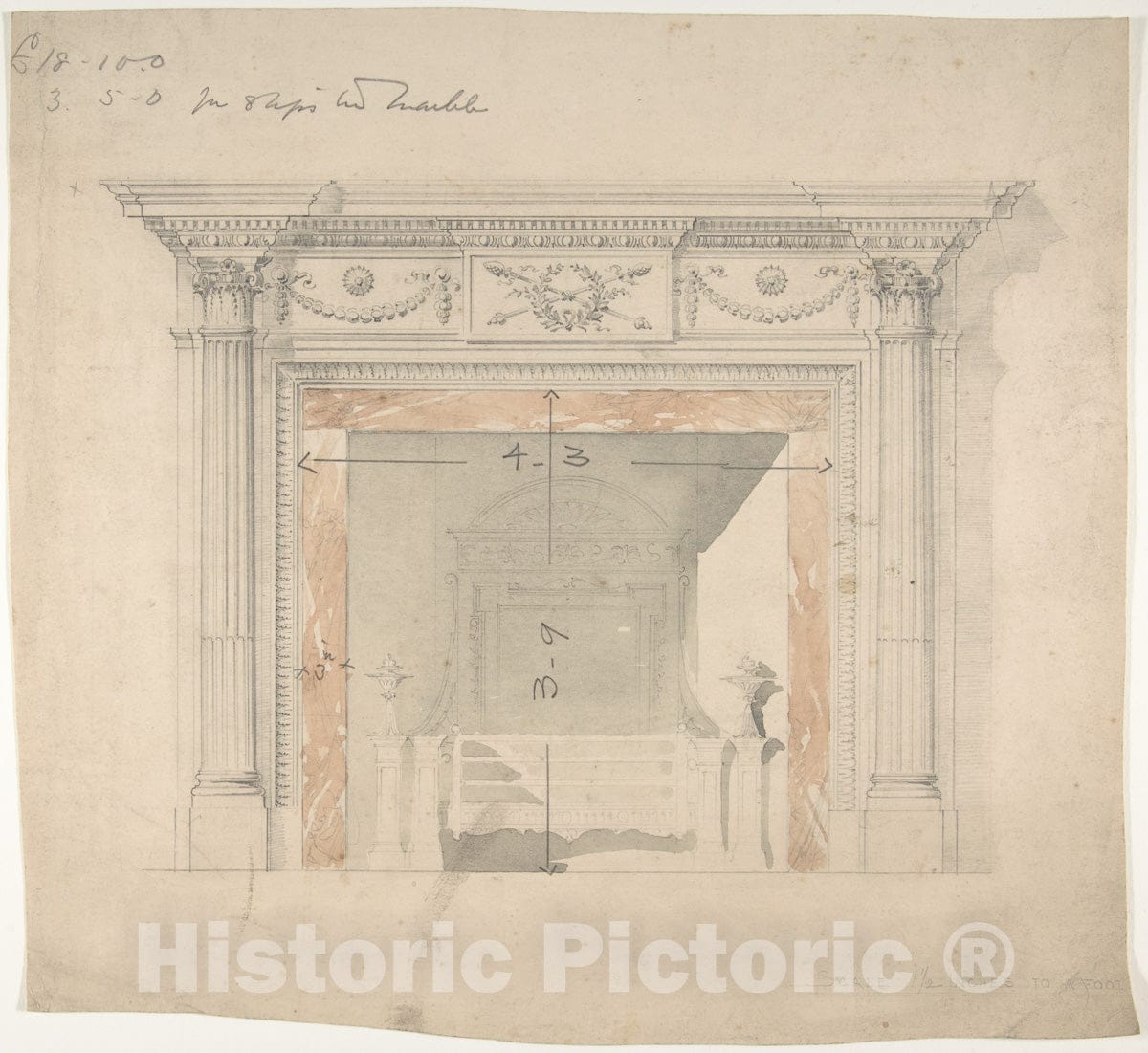 Art Print : British, Late 18th to Early 19th Century - Design for an Adam-Style Mantel, with a Marble Surround and Iron Firebox : Vintage Wall Art