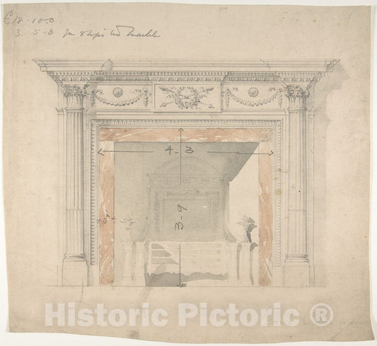 Art Print : British, Late 18th to Early 19th Century - Design for an Adam-Style Mantel, with a Marble Surround and Iron Firebox : Vintage Wall Art