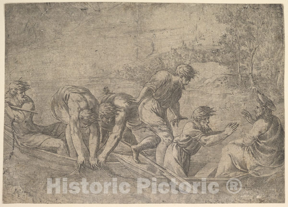Art Print : Andrea Schiavone (Andrea Meldola) - The Miraculous Draught of The Fishes, Christ at The Right accompanied by Apostles in The Boat : Vintage Wall Art