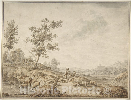 Art Print : Jordanus Hoorn - Landscape with Herdsmen and Their Cattle : Vintage Wall Art