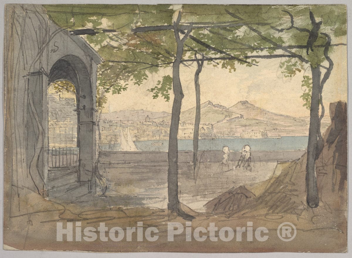 Art Print : German, 19th Century - View of The Bay of Naples with Mount Vesuvius : Vintage Wall Art