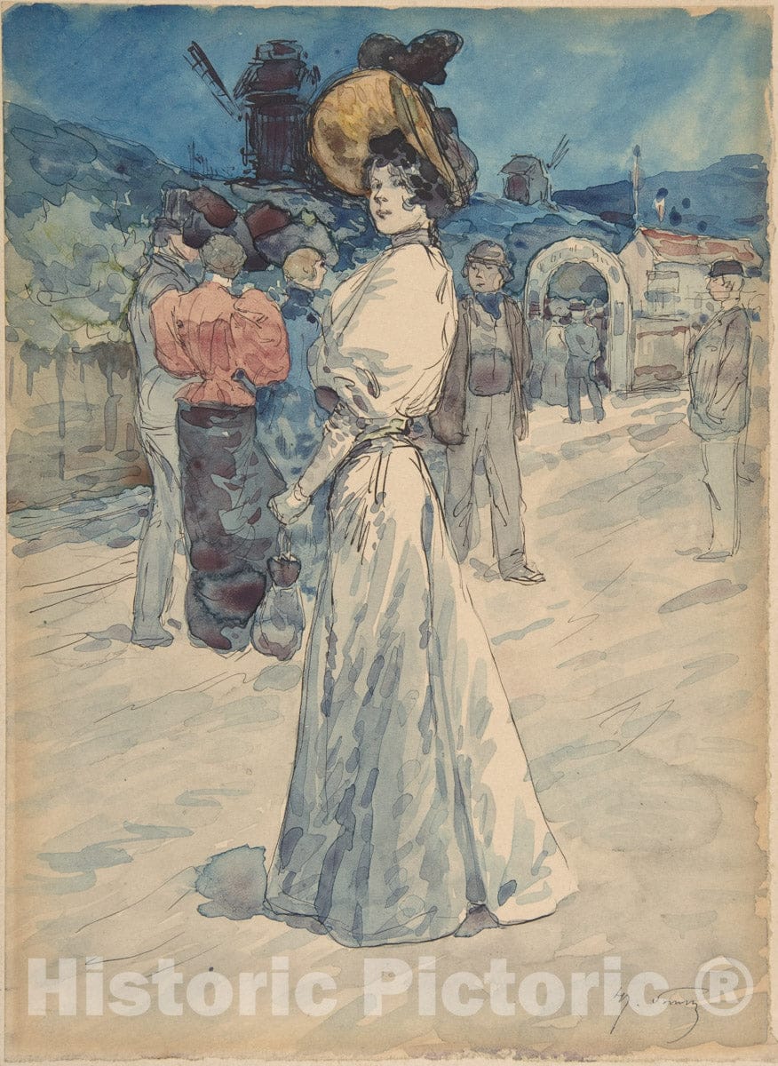 Art Print : Henri Somm - A Parisienne Outside The Moulin de la Galette : Vintage Wall Art