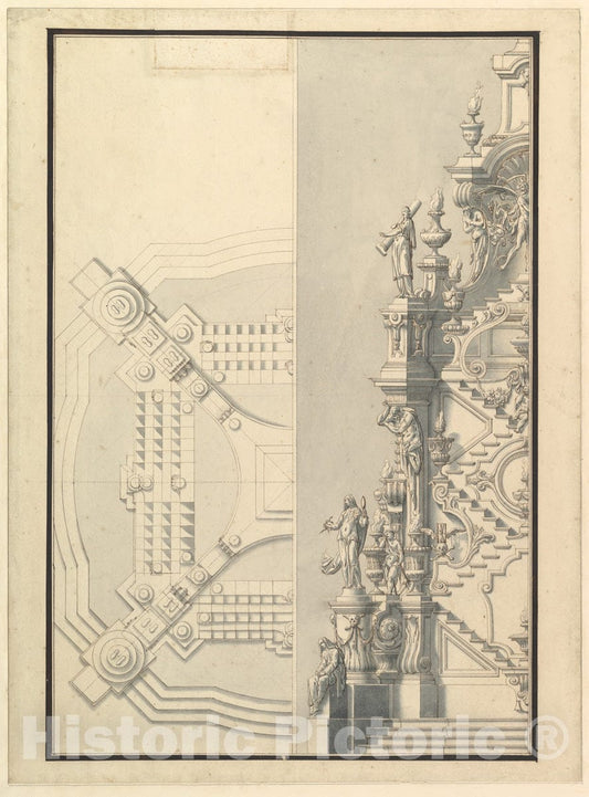Art Print : Workshop of Giuseppe Galli Bibiena - Half Elevation and Half Ground Plan for a Catafalque : Vintage Wall Art