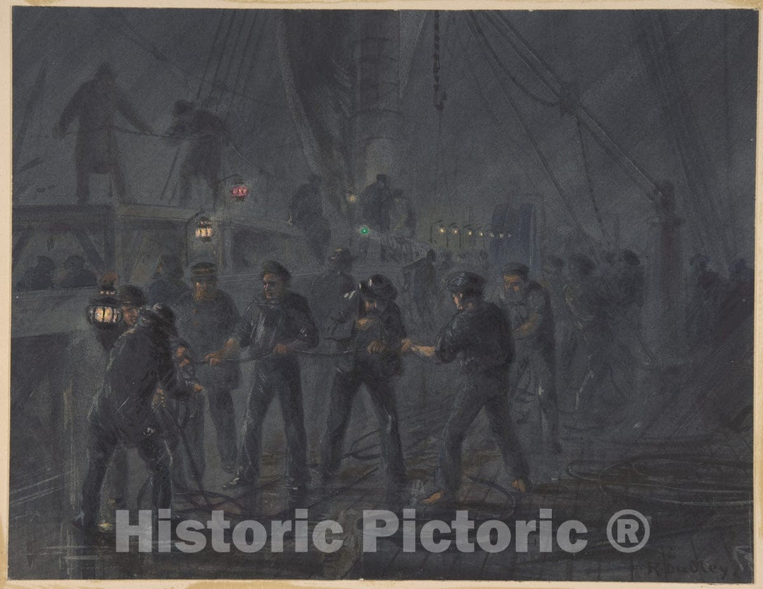Art Print : Robert Charles Dudley - A Night Scene. The Cable Entangled and Nearly Broken, July 18th, 1866 : Vintage Wall Art
