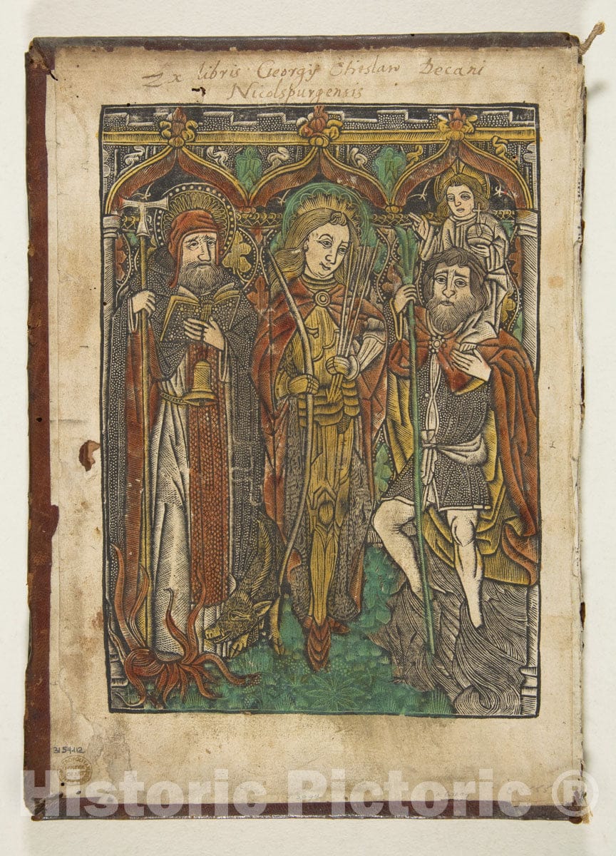 Art Print : Anonymous, German, Cologne, 15th Century - Saints Anthony, Sebastian and Christopher : Vintage Wall Art