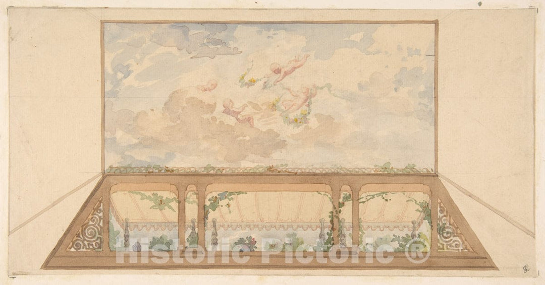 Art Print : Jules-Edmond-Charles Lachaise - Design for a Ceiling Painted with a Trompe L'Oeil Awning and putti in Clouds : Vintage Wall Art