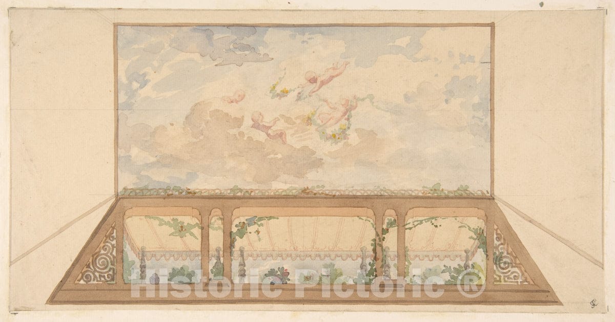 Art Print : Jules-Edmond-Charles Lachaise - Design for a Ceiling Painted with a Trompe L'Oeil Awning and putti in Clouds : Vintage Wall Art
