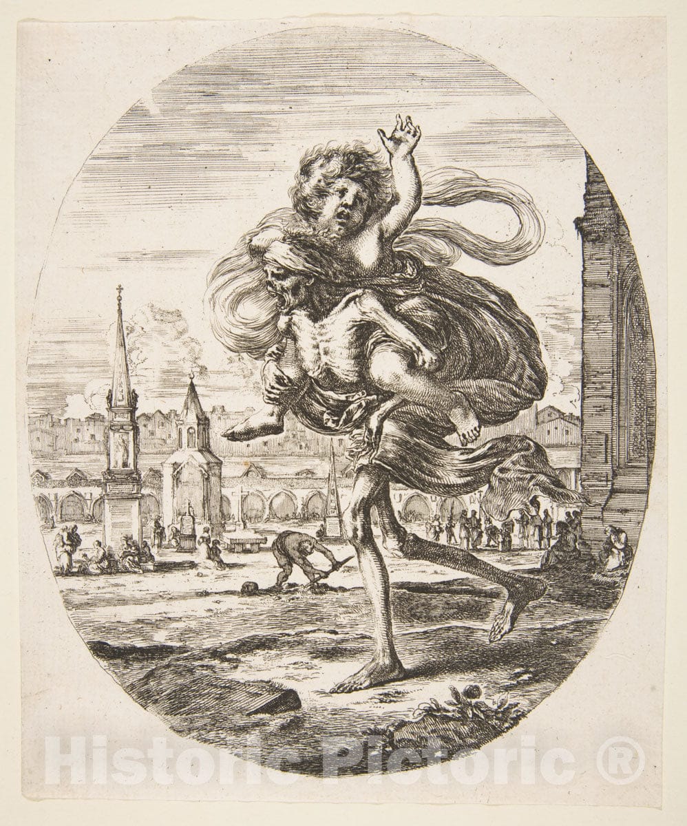 Art Print : Stefano Della Bella - Death Carrying a Child, from 'The Five Deaths' (Les Cinq Morts) : Vintage Wall Art