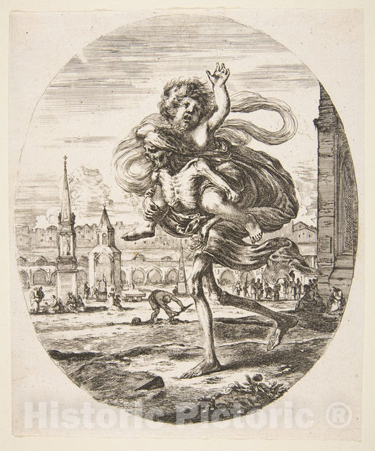 Art Print : Stefano Della Bella - Death Carrying a Child, from 'The Five Deaths' (Les Cinq Morts) : Vintage Wall Art