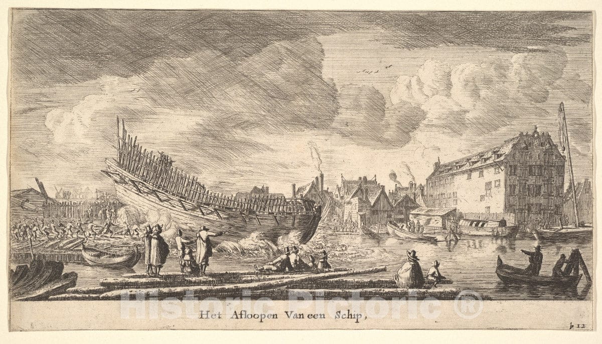 Art Print : Reinier Nooms, Called Zeeman - The Launch of a Ship : Vintage Wall Art