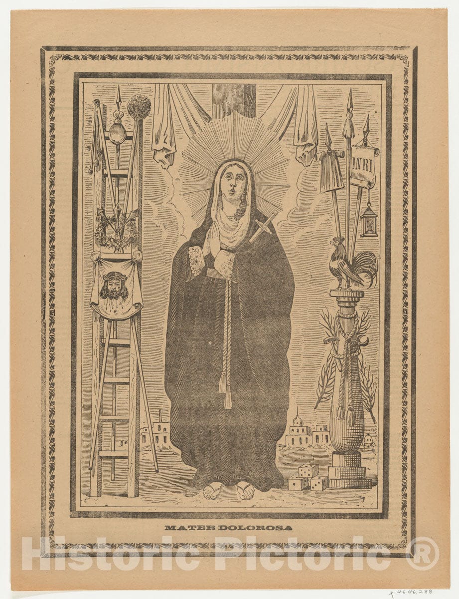 Art Print : Anonymous - Broadsheet with The Virgin of Sorrows, flanked by Instruments on The Passion : Vintage Wall Art