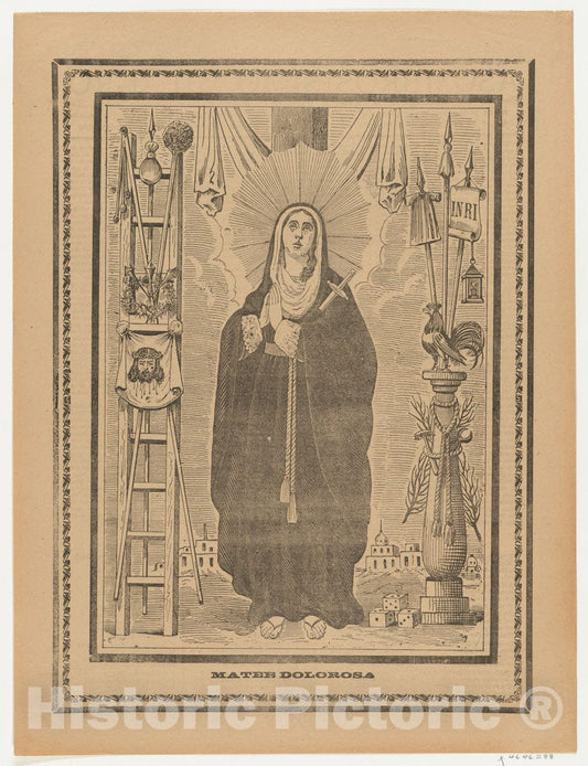 Art Print : Anonymous - Broadsheet with The Virgin of Sorrows, flanked by Instruments on The Passion : Vintage Wall Art