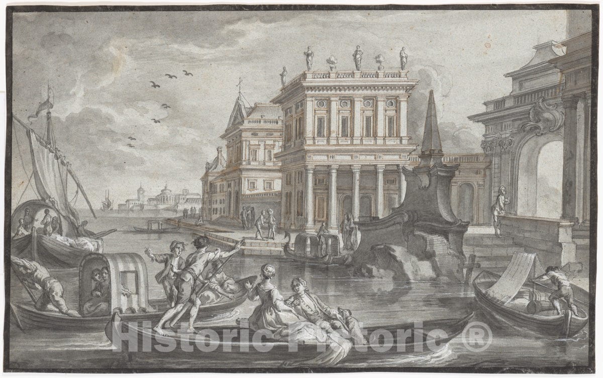 Art Print : Johann Wolfgang Baumgartner - Canal Scene with a Palazzo : Vintage Wall Art
