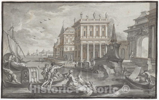 Art Print : Johann Wolfgang Baumgartner - Canal Scene with a Palazzo : Vintage Wall Art