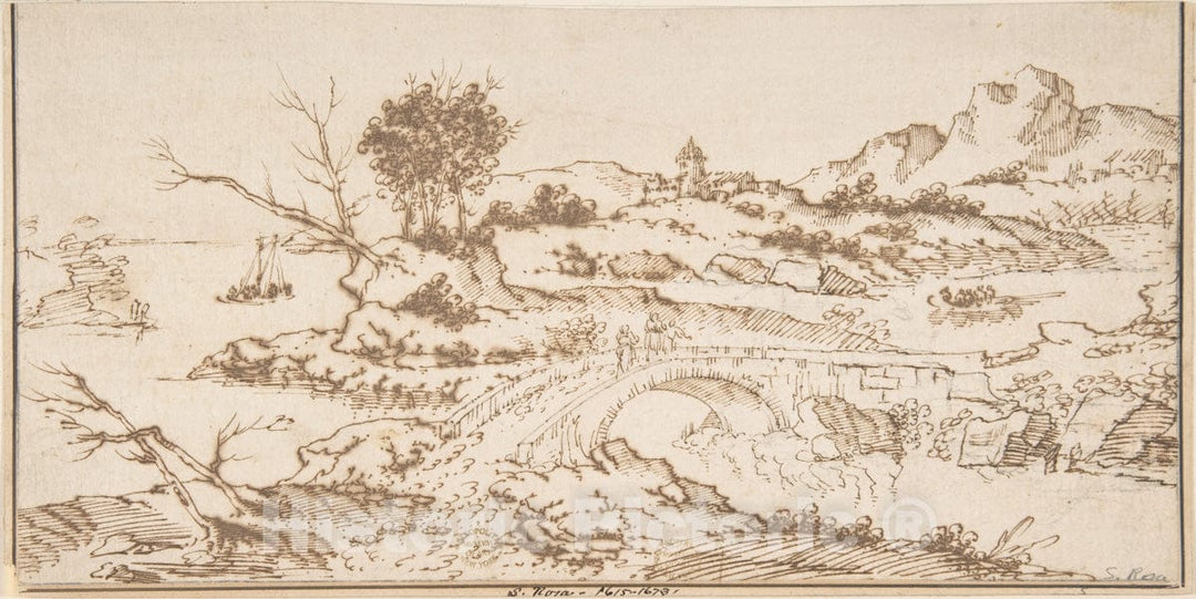 Art Print : Italian, Roman-Bolognese, 17th Century - Landscape with Figures Crossing a Bridge : Vintage Wall Art