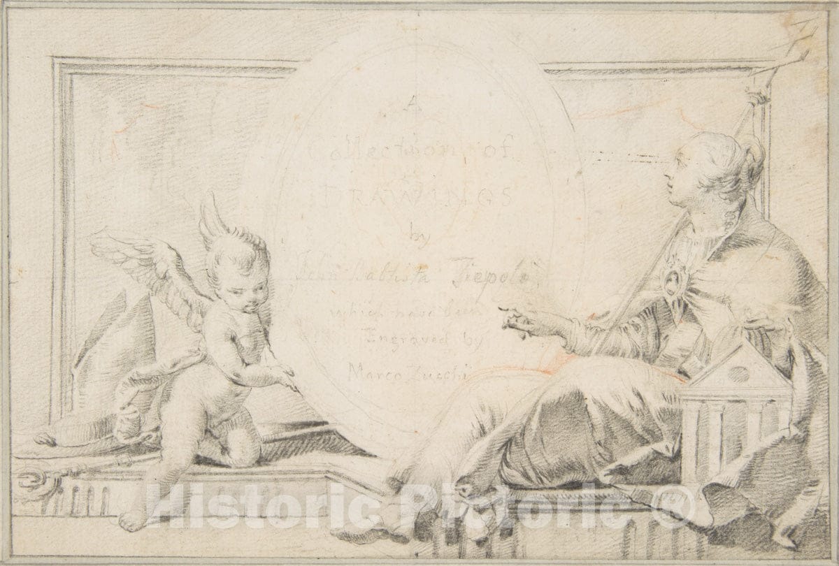 Art Print : Giovanni Battista Tiepolo - Illustration for a Book: Frontispiece with a Female Allegorical Figure (Religion?) and a Putto : Vintage Wall Art