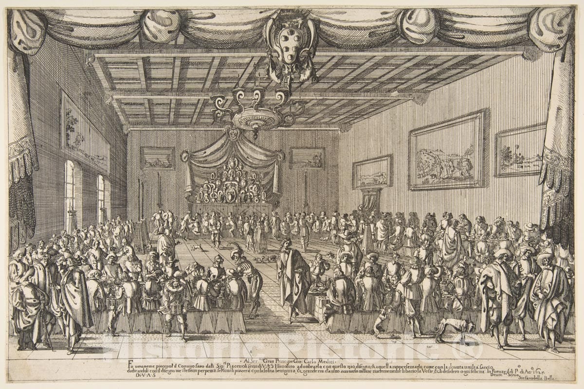 Art Print : Etched by Stefano Della Bella - Banquet of The Piacevoli : Vintage Wall Art
