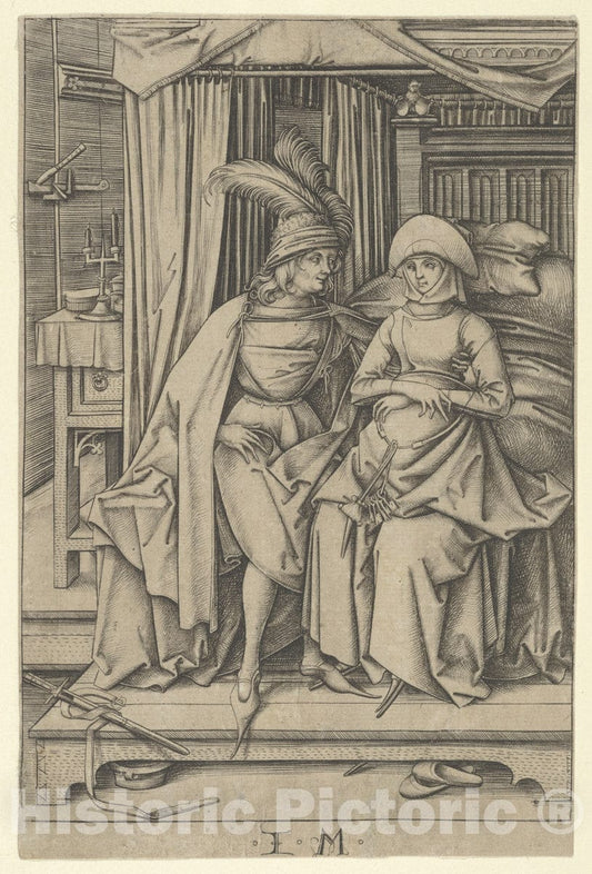 Art Print : Israhel Van Meckenem - Couple Seated on a Bed, from Scenes of Daily Life : Vintage Wall Art