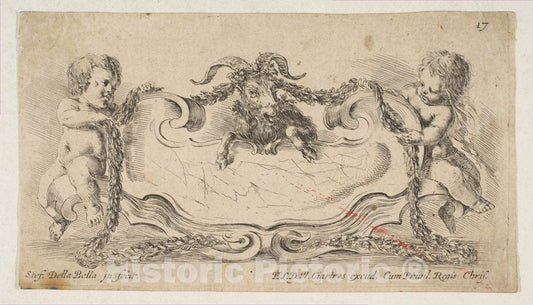 Art Print : Stefano Della Bella - Cartouche Framed by Children and a Goat : Vintage Wall Art