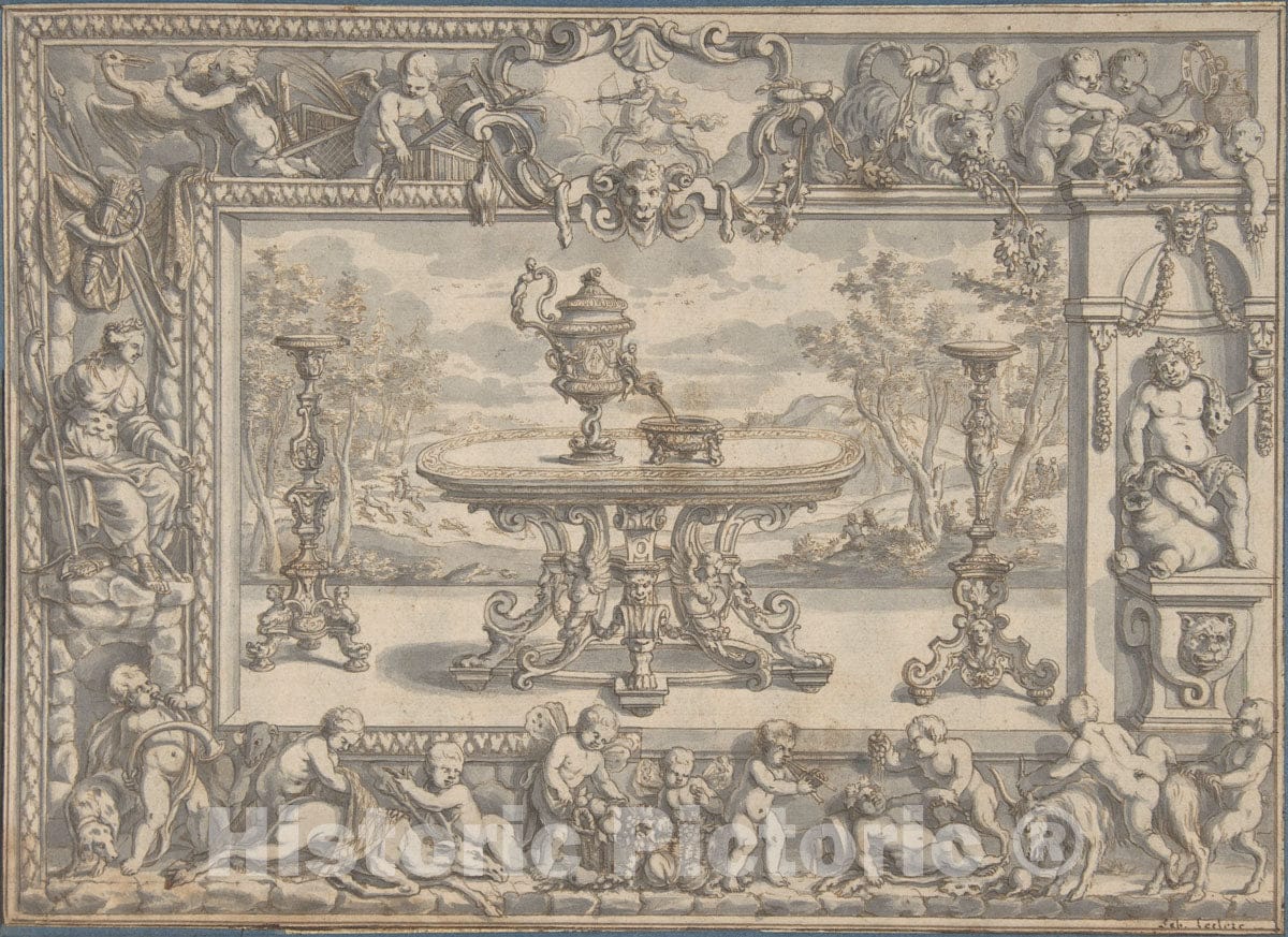 Art Print : Abraham Drentwett The Elder - Design for an Ewer, Table and Candelabra Within an Ornamental Frame : Vintage Wall Art