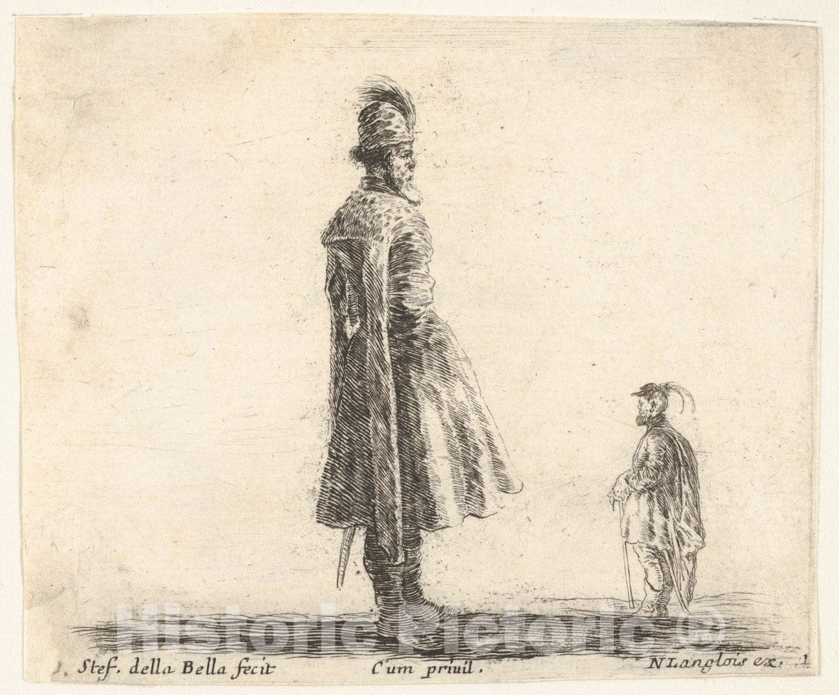Art Print : Plate 20: an Old Polish Nobleman Wearing a plumed hat in Center - Artist: Stefano Della Bella- Created: c1644 2 : Vintage Wall Art