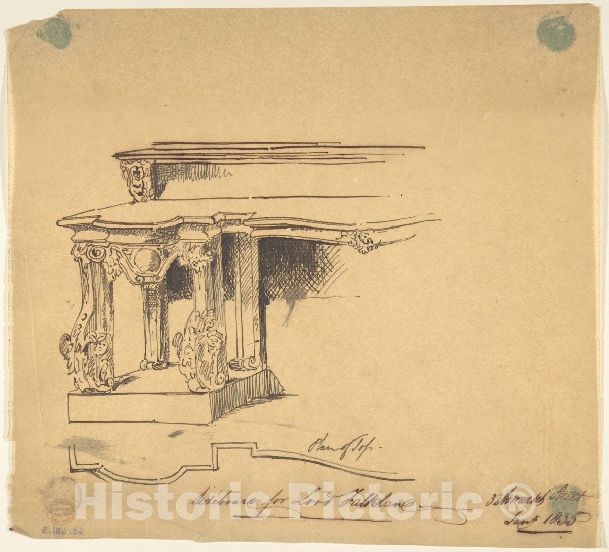 Art Print : Anthony Salvin - Design for Sideboard for Lord Falklane at Skutterskelfe, Yorkshire : Vintage Wall Art
