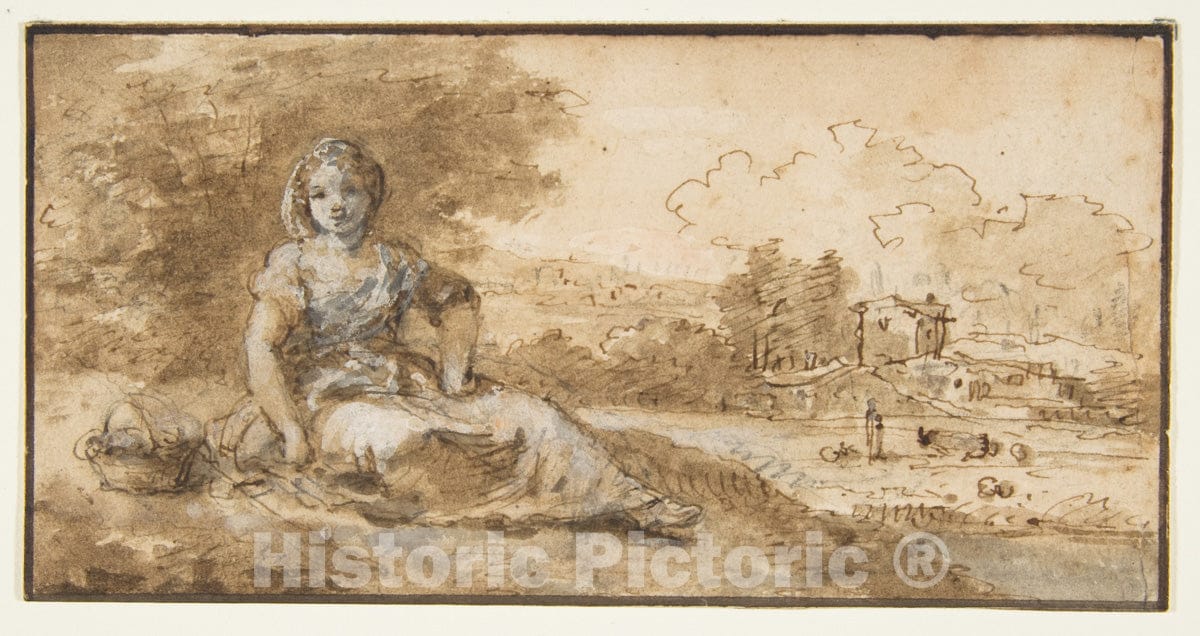 Art Print : Francesco Zuccarelli - Seated Girl in a Landscape : Vintage Wall Art