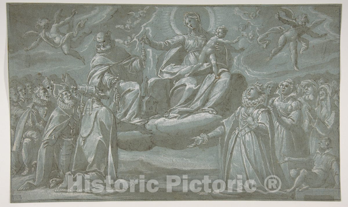 Art Print : Giovanni Mauro Della Rovere - The Virgin and Child, Saint Dominic, and Angels Distributing Chaplets to The Faithful : Vintage Wall Art