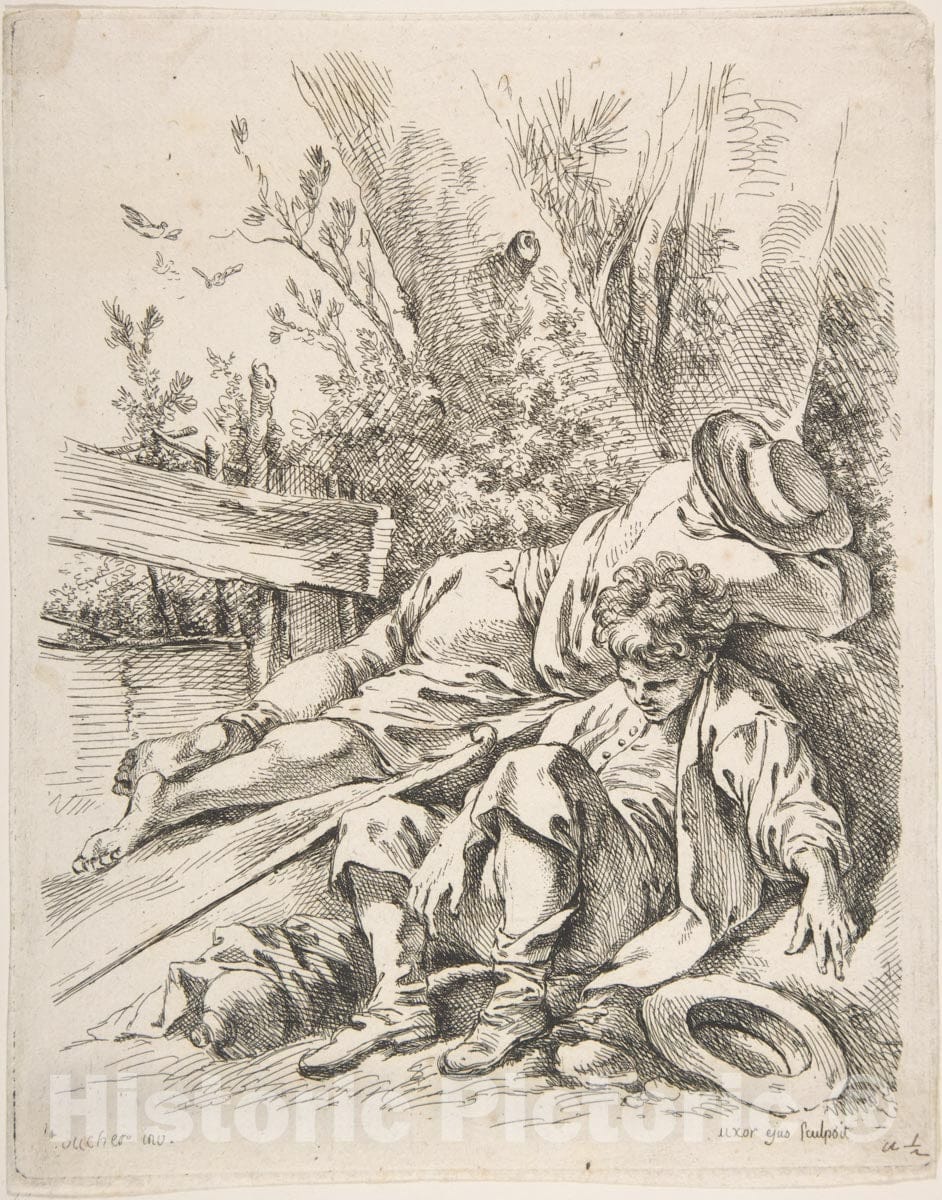 Art Print : Marie Jeanne Boucher - Two Boys Sleeping Besides a Tree : Vintage Wall Art