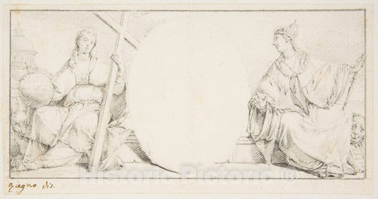 Art Print : Francesco Zugno - Allegorical Figures of Religion and Venice Flanking an Empty Cartouche : Vintage Wall Art