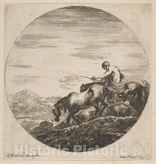 Art Print : Stefano Della Bella - Herdsman on Horseback Drives Animals, from 'Six Animal Subjects' (Six sujets d'animaux) : Vintage Wall Art