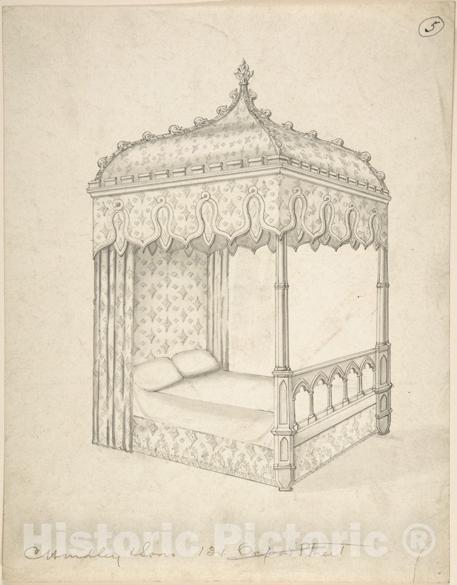 Art Print : Charles Hindley and Sons - Design for a Gothic Bed with Canopy 1 : Vintage Wall Art