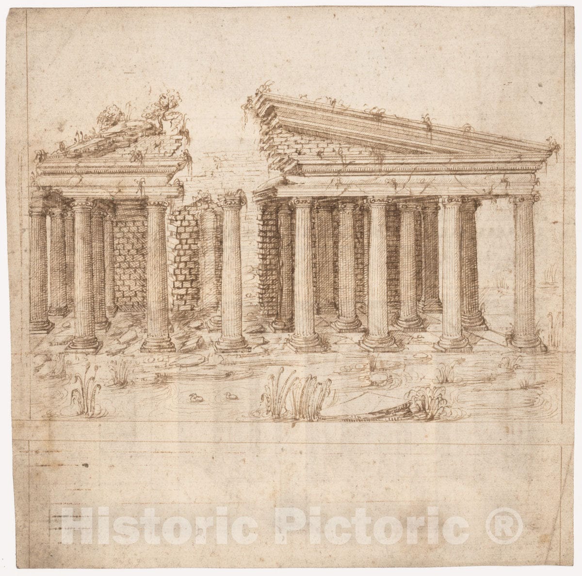 Art Print : Recto: Front Elevation of a Roman Temple in Ruins - Artist: Sangallo Family - Created: 1530–45 : Vintage Wall Art