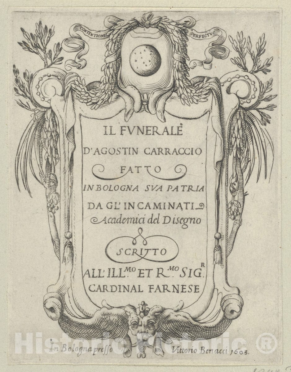 Art Print : Title Page to IL FUNERALE D'AGOSTIN CARRACCIO FATTO in Bologna SUA Patria DAGL'INCAMINATI - Artist: Francesco Brizio - Created: 1603 : Vintage Wall Art