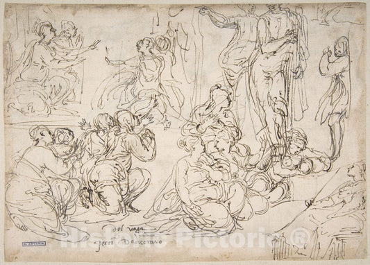 Art Print : Perino del Vaga (Pietro Buonaccorsi) - Kneeling, Seated and Standing Figures (Recto); Seated, Kneeling and Reclining Figures (Verso) : Vintage Wall Art