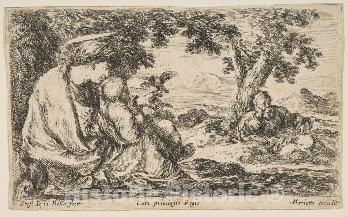 Art Print : Etched by Stefano Della Bella - Rest on The Flight into Egypt 1 : Vintage Wall Art