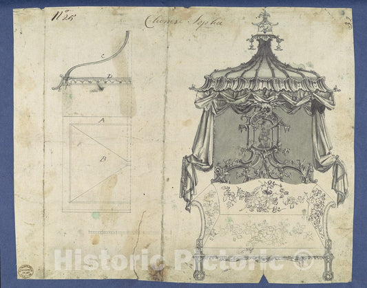 Art Print : Thomas Chippendale - Chinese Sopha Sofa, in Chippendale Drawings, Vol. I 1 : Vintage Wall Art