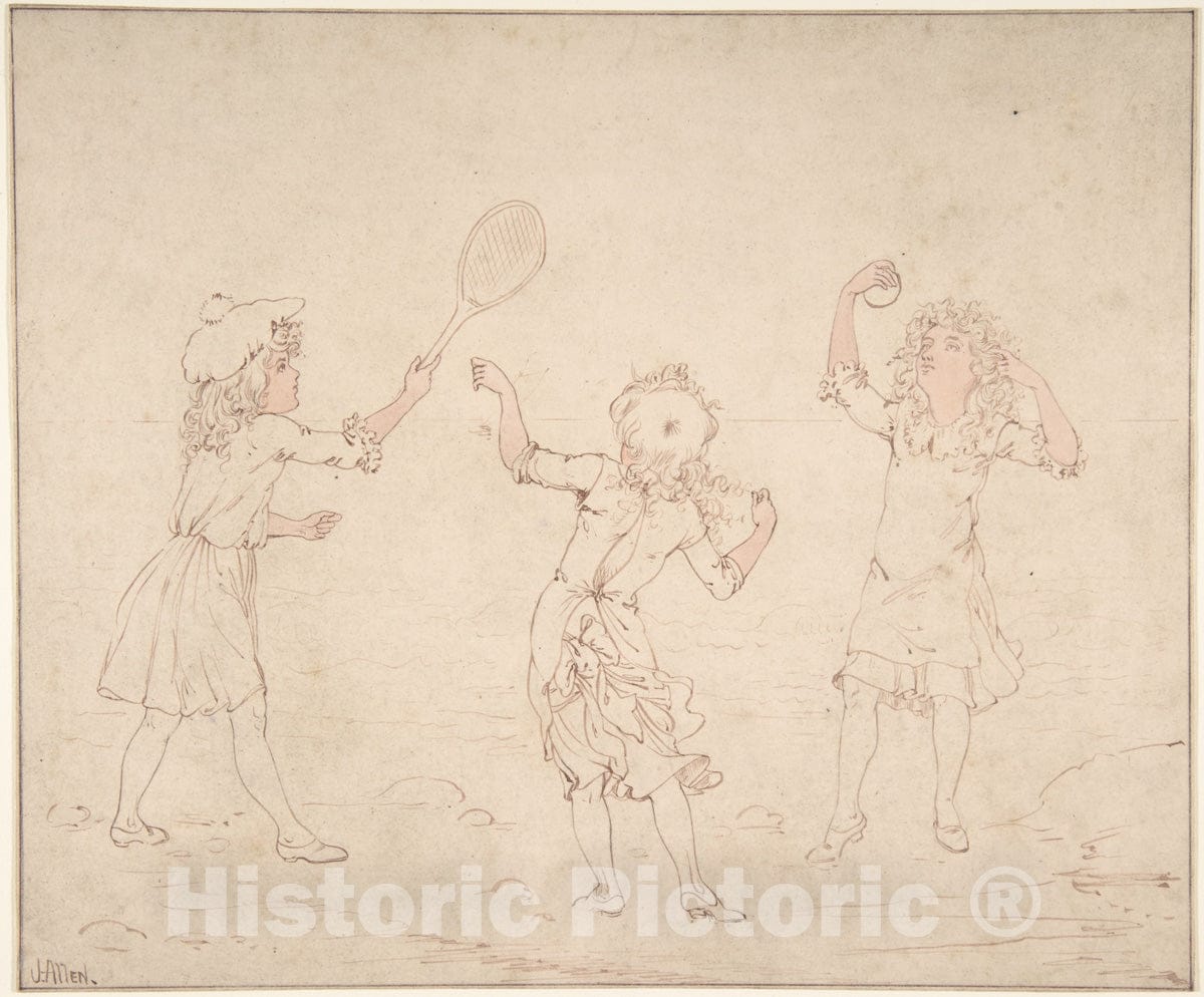 Art Print : James W. Allen - Three Girls Playing at Ball at The Seaside : Vintage Wall Art