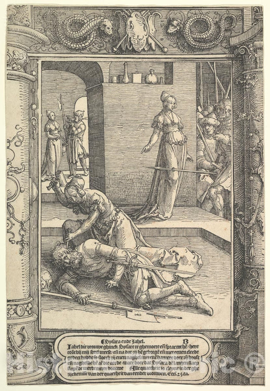 Art Print : Lucas Van Leyden - Jael Killing Sisera, Ornamental Frame : Vintage Wall Art