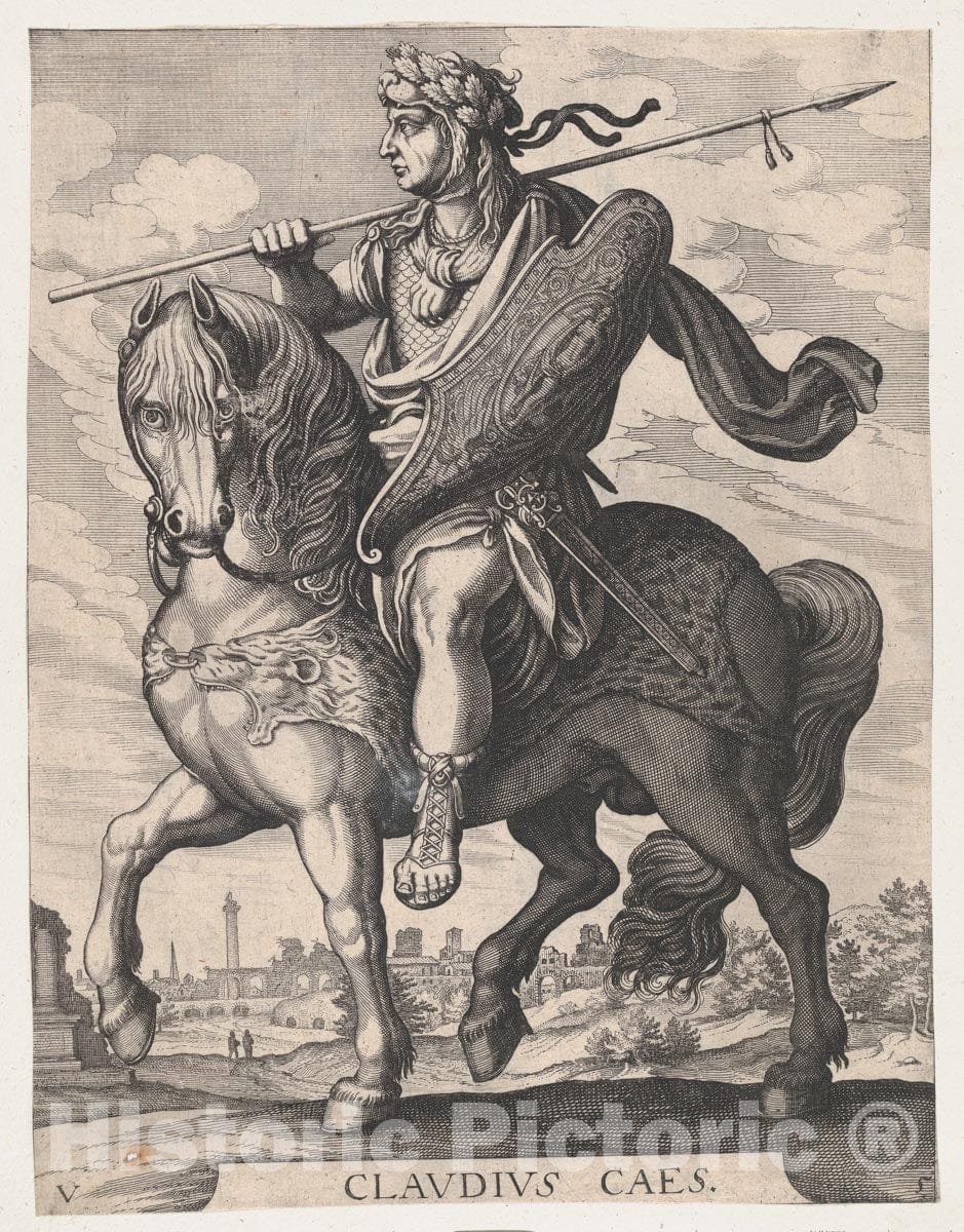 Art Print : Matthäus Merian The Elder - Plate 5: Emperor Claudius on Horseback, from 'The First Twelve Roman Caesars' After Tempesta : Vintage Wall Art