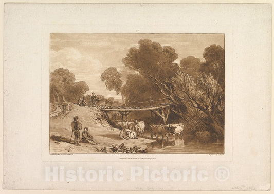 Art Print : Designed and Etched by Joseph Mallord William Turner - Bridge and Cows (Liber Studiorum, Part I, Plate 2) : Vintage Wall Art