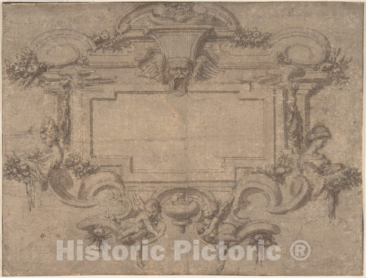 Art Print : Italian, 17th Century - Design for a Cartouche or Wall Panel with Scrollwork, Masks and Female Figures : Vintage Wall Art