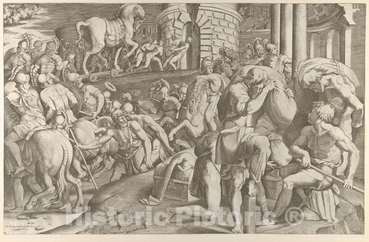 Art Print : Giulio Bonasone - The Trojans Hauling The Wooden Horse into Troy 2 : Vintage Wall Art