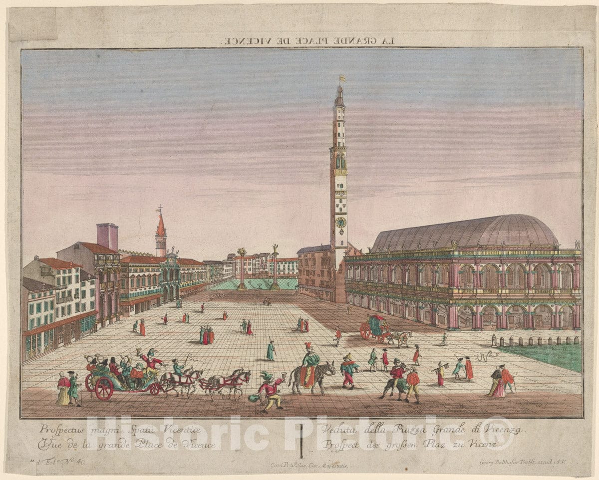 Art Print : Georg Balthasar Probst - View of The Piazza dei Signori of Vicenza with Horse-Drawn Carriages and Figures Walking in The Square : Vintage Wall Art