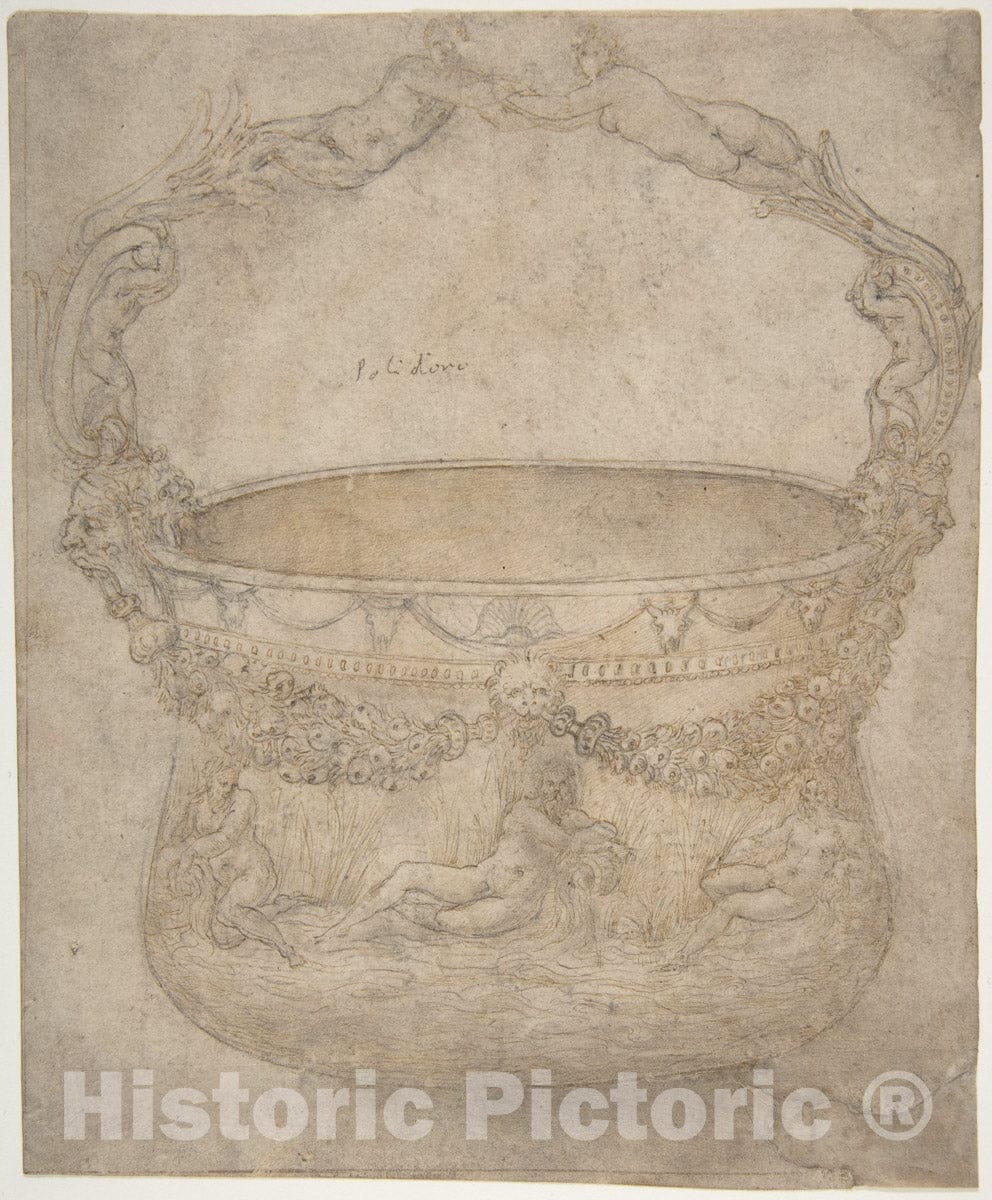 Art Print : Design for a Bucket-Like Vessel with a Handle of Interlaced Figures - Artist: Girolamo Genga - Created: 1540–50 : Vintage Wall Art