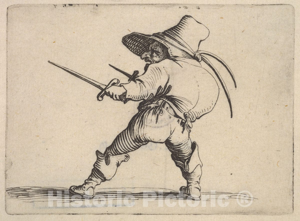Art Print : Small Male Figure Wearing a hat, with Daggers in Both Hands - Artist: Jacques Callot - Created: c1621 : Vintage Wall Art