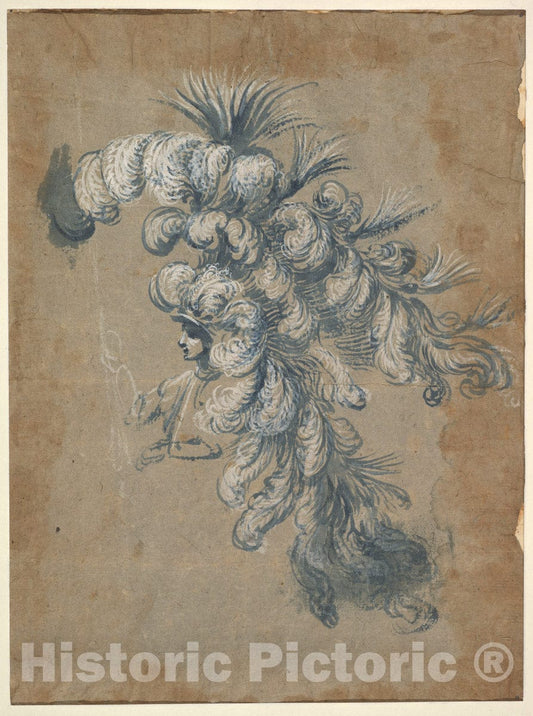 Art Print : Possibly by Baccio del Bianco - Design for a Lavish Headdress with Feathers : Vintage Wall Art