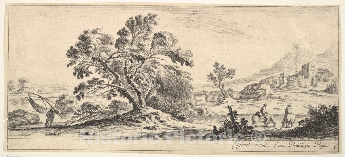 Art Print : Plate 6: a Fisherman Carrying a net to Left, Two Horsemen in a Stream to Right - Artist: Stefano Della Bella - Created: c1641 1 : Vintage Wall Art