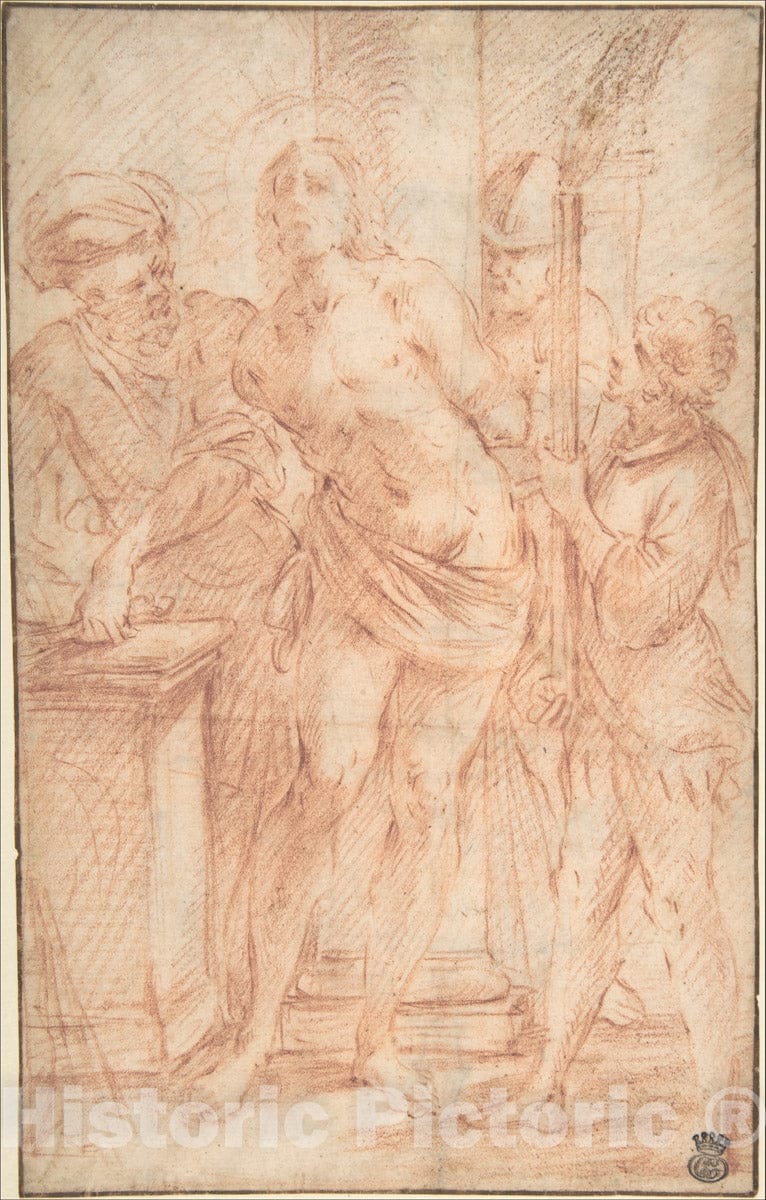 Art Print : Italian, Roman-Bolognese, 17th Century - The Mocking of Christ (Recto); Exterior View of a Church (Verso) : Vintage Wall Art