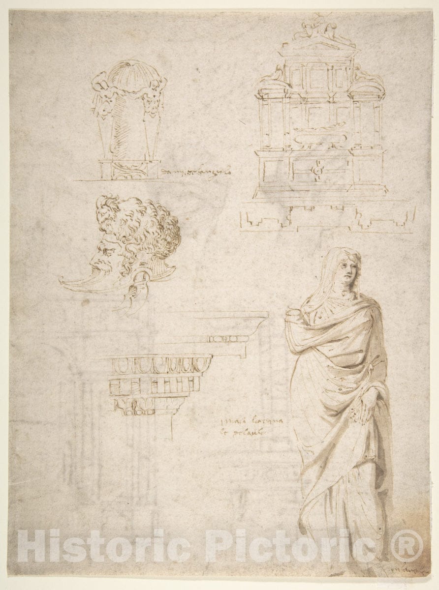 Art Print : Sketches of a Funeral Monument - Artist: Michelangelo Buonarroti : Vintage Wall Art